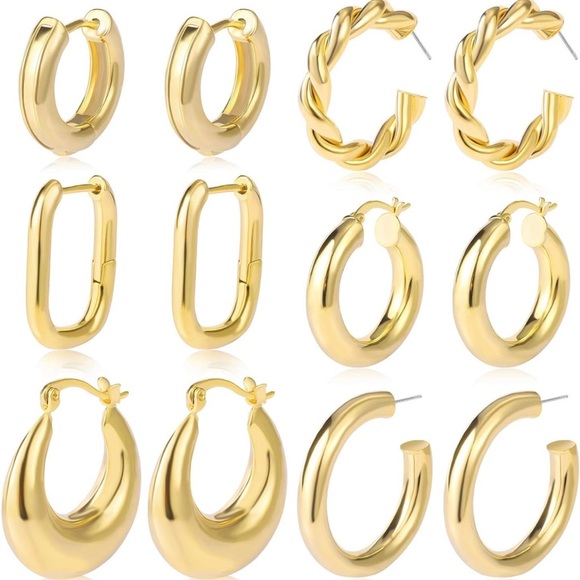 NWT set of SIX PAIRS of 14k gold plated chunky hoop huggie earrings ✨ - Picture 2 of 3
